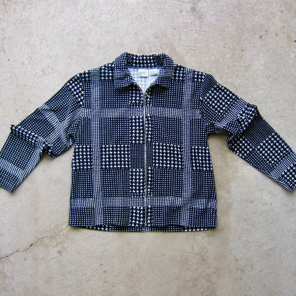 Velour Crop Zipper Sweater | Black White Plush Houndstooth Top | Modern 90s Zip Up Sweatshirt