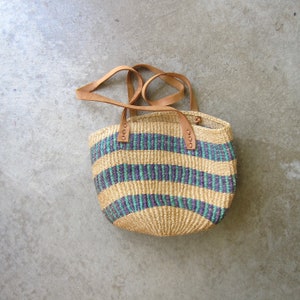 Vintage Colorful Jute Bag | Leather Shoulder Strap Market Tote | Natural Straw Beach Bag | Hippie Boho Summer Woven Straw Bag