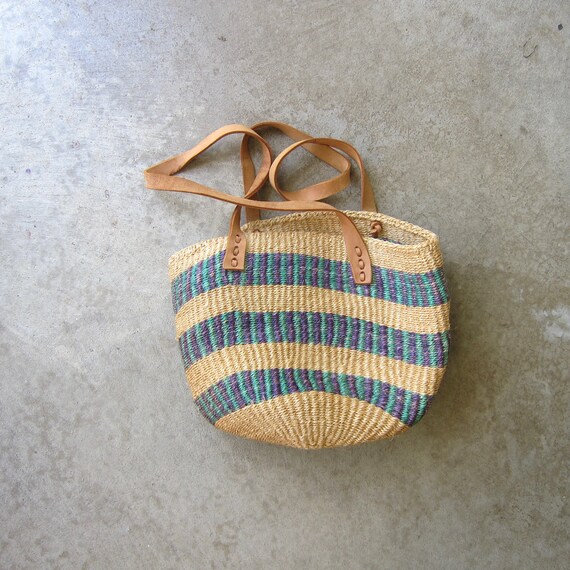 Vintage Colorful Jute Bag | Leather Shoulder Stra… - image 1