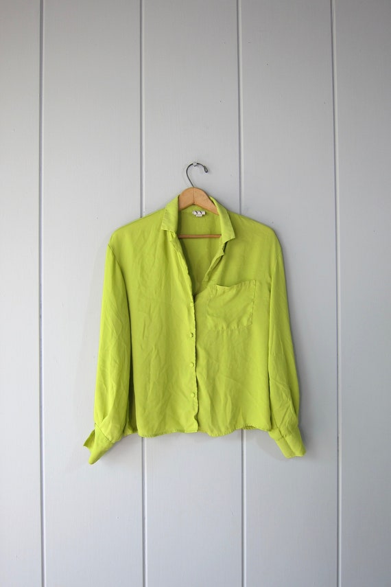 90s Chartreuse Green Blouse | Vintage Long Sleeve 