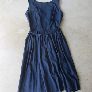 1950s Navy Blue Sundress: Pleated Sleeveless Cotton Blend Tea Dress