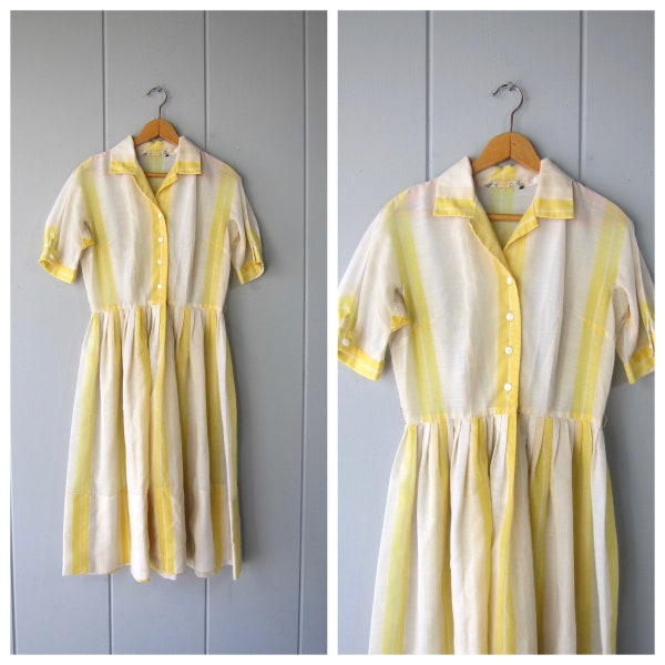 60s L'aiglon Yellow & White Striped Dress | Vintage Summer Shirtdress | Button Up Short Puff Sleeve Sheer Dress MAQ