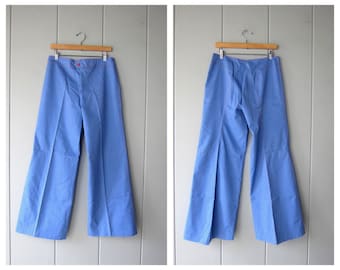 70s Anne Klein Wide Leg Pants | Denim Look Vintage Bell Bottoms with Red Stitching | Modern Wide Legged Sailor Boho Hippie Trousers NWT - CJ