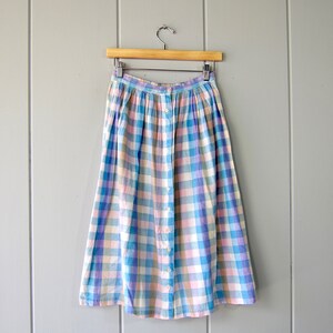 80s Colorful Checkered Skirt Vintage Purple Pink Midi Skirt Boho Cotton Gauze High Waist Aline Apron Skirt image 1