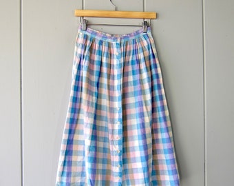 80s Colorful Checkered Skirt | Vintage Purple Pink Midi Skirt | Boho Cotton Gauze High Waist Aline Apron Skirt