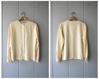 Cream White Silk Blouse | Vintage Collarless Blouse | Minimal Long Sleeve Silk Top