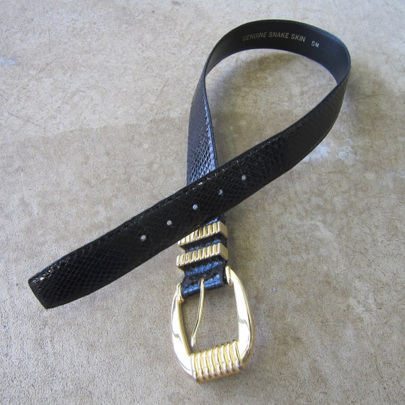 80s Black Real Snake Skin Leather Belt | Vintage … - image 2