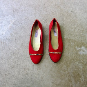 90s Red Suede Ballet Flats: Jeweled Gold Chain, Vintage Talbots Size 7