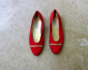 90s Red Suede Slip Ons | Gold Chain & Jeweled Flats | Modern Vintage Talbots Leather Ballet Shoes