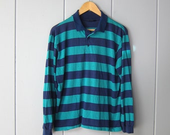 80s Green Blue Striped Henley | Preppy Long Sleeve Collared Shirt | Vintage Tomboy Pullover Button Up Polo Shirt