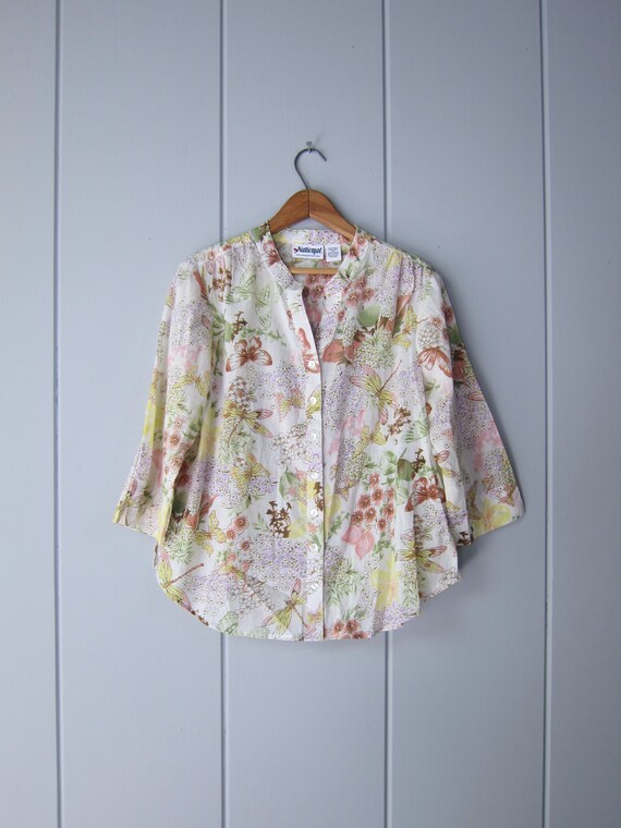 80s Butterfly Print Blouse | Vintage Floral Shirt… - image 2
