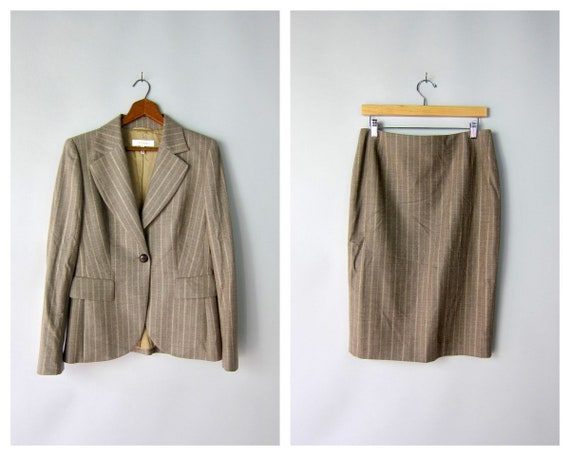 Two Piece ESCADA Wool Taupe Suit Set Modern Women's Designer Blazer & Skirt  Set Gold Pinstriped Wool Jacket and Pencil Skirt CAD 