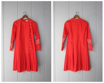 60s Red Nautical Mini Dress | 1960s Red White Mod Shirtdress | Junior Bazaar Drop Waist Pleated Dress - CJ