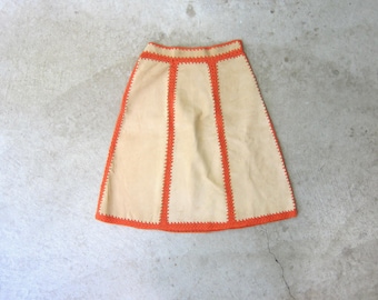 70s Vintage Suede Mini Skirt: Orange Crochet Patchwork, Boho Mod