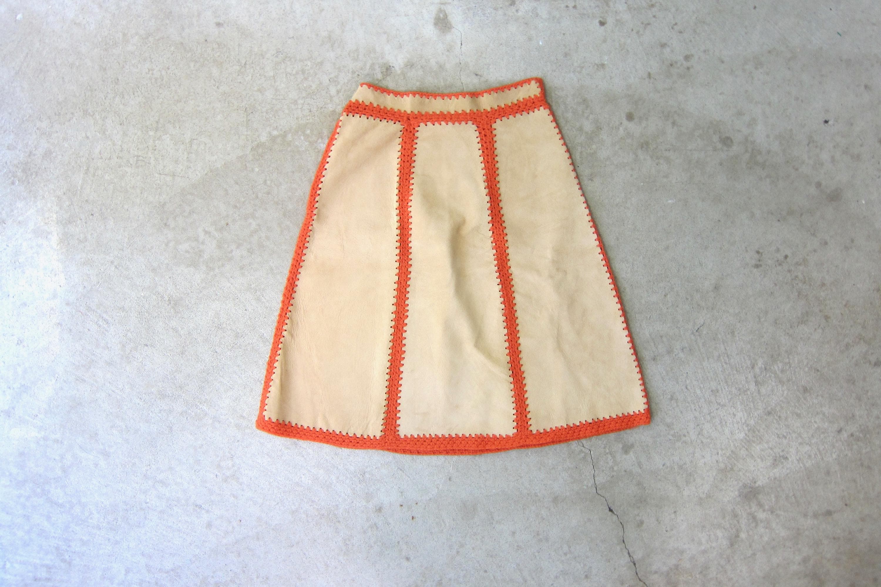 70s Vintage Suede Mini Skirt: Orange Crochet Patchwork, Boho Mod