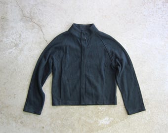 Dark Green Wool Jacket | Cropped Snap Up Fall Bomber Coat, Women's Medium