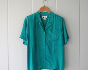 80s Emerald Green Silk Tee | Vintage Modern Silk Blouse | Minimal Short Sleeve Button Up Silk Top