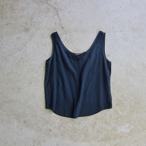 80s Black Rayon Tank Top Cropped Slip Tank with Crochet Neck Detail