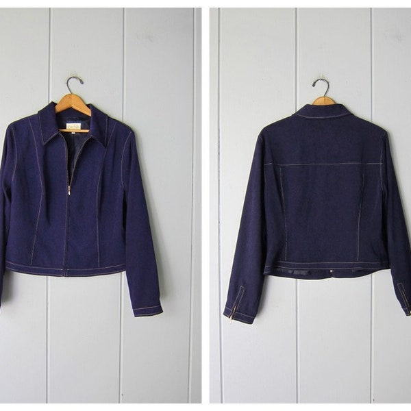 Dark Blue Velvet Jacket | Zip Up Cache Coat with Zipper Cuffs | Vintage 90s Cropped Fall Coat