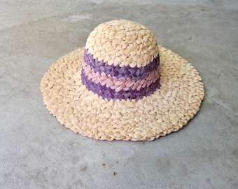 70s Woven Raffia Sun Hat: Vintage Purple Band Beach Hat