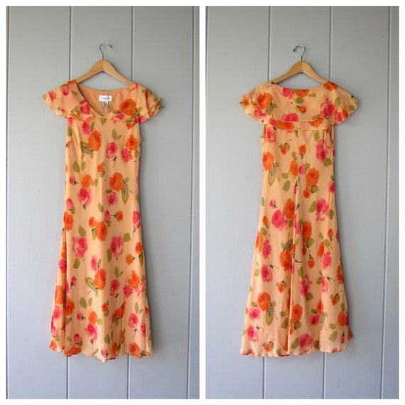 Pretty 90s Silk Garden Dress | Orange Pink Floral… - image 1