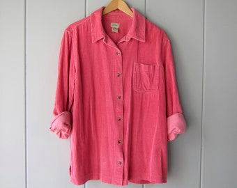 90s Pink Corduroy Shirt | LL Bean Button Up Boyfriend Shirt | Vintage Outdoors Pocket Rib Shirt