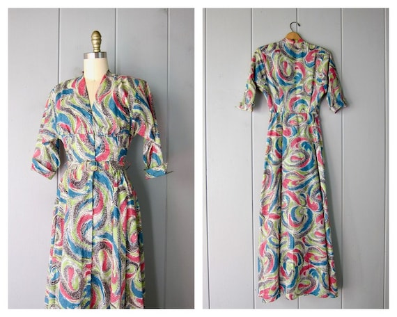 1940s Dress | Colorful Printed 40s Lounge Dress wi