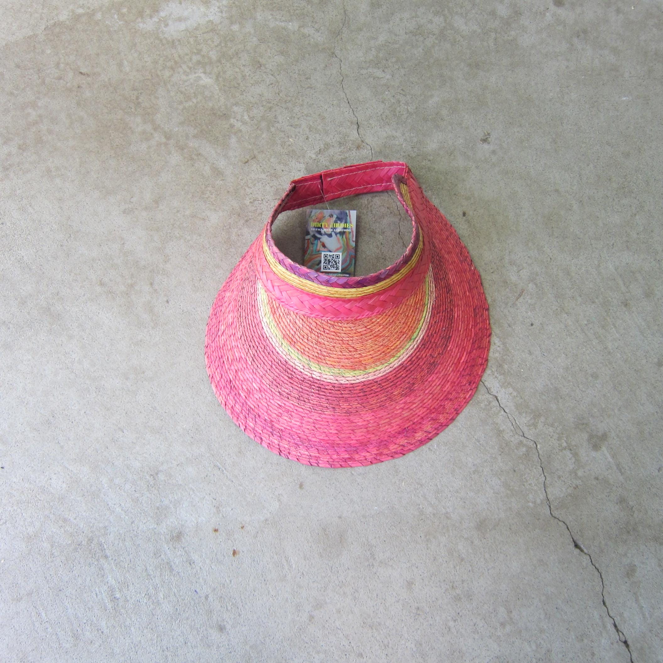 80s Colorful Pink Straw Sun Visor | Vintage Retro Rainbow 