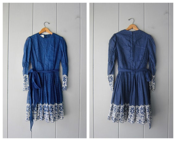 70s Bill Atkinson Blue Polka Dot Dress: Lace Appliqu Chiffon Overlay