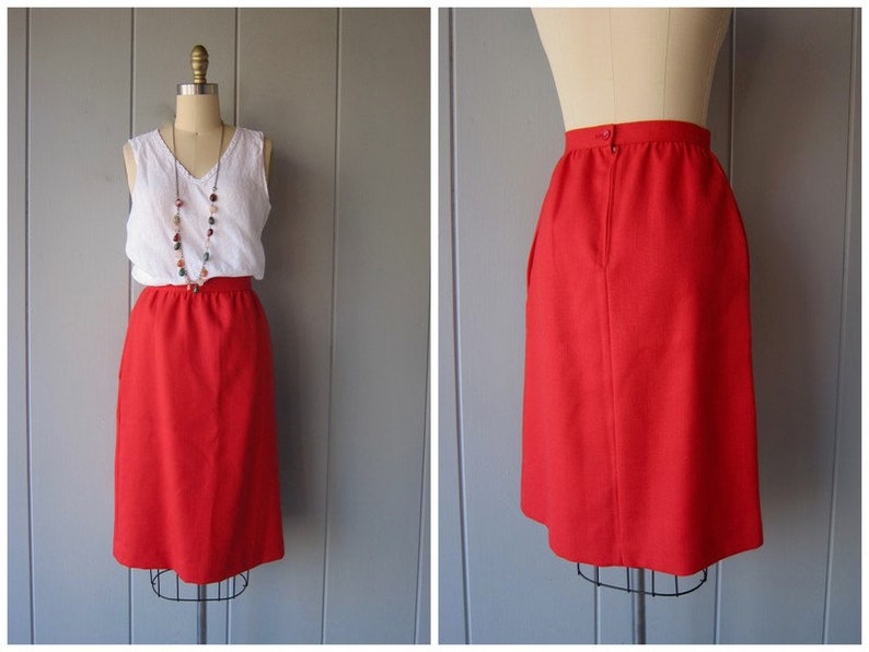 80s Tobacco Red Pencil Skirt Hand Pockets & High Waist Vintage School Girl Mod Skirt image 1