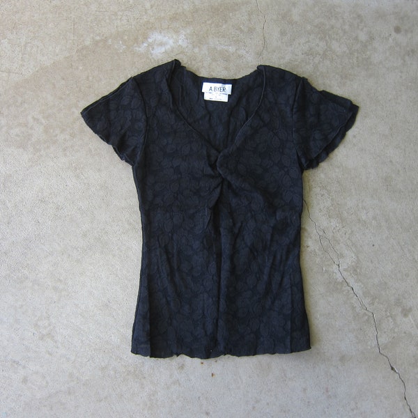 Vintage Amy Byer 90s Black Lace Shirt | Sheer Black Slip Tee Top | Stretchy Y2K Short Sleeve Lace Blouse