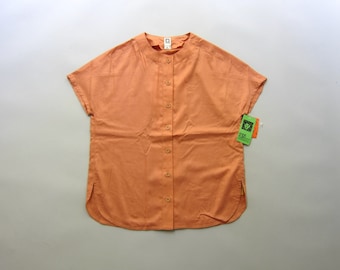 70s Modern Cap Sleeve Top | Anne Klein Button Up Short Sleeve Shirt | Minimal Terra Cotta Peach Safari Blouse - Vintage Deadstock CJ