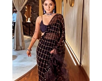 Blue Glamorous Sequins Work Indian Saree For Weddings Reception Cocktail Party Wear, Ready To Wear Pre Stitched Saree For Women