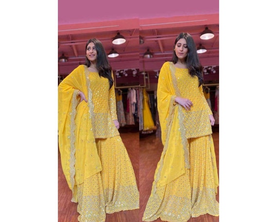 Yellow A-Line Suit with Sharara – Naaz By Noor