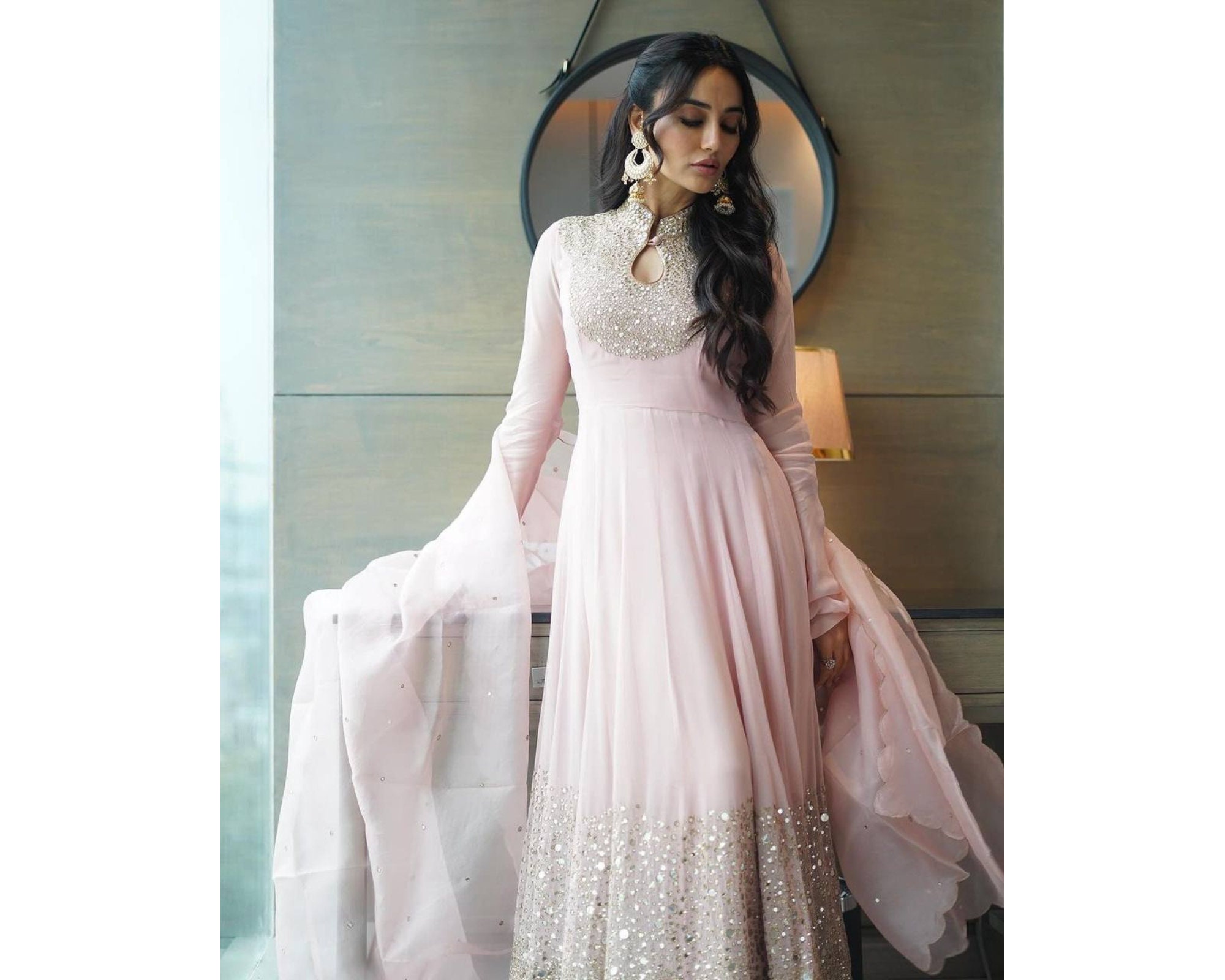 Baby Pink Anarkali Gown Suit in Georgette for Women Indian