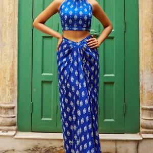 Blue Printed Drape Skirt With Cape Blouse | Designer Indo-Western Co-Ord Set