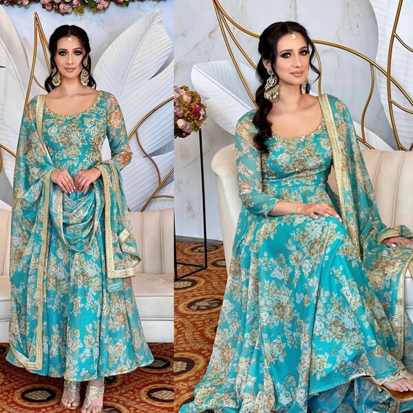 Green Floral Anarkali Salwar Kameez For Women, Indian Pakistani Wedding Wear, Pakistani Suit, Designer Wedding Outfits For Women