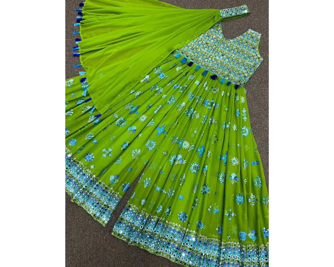 Green Indian Jumpsuit With Beautiful Mirror and Embroidery Work, Indian
