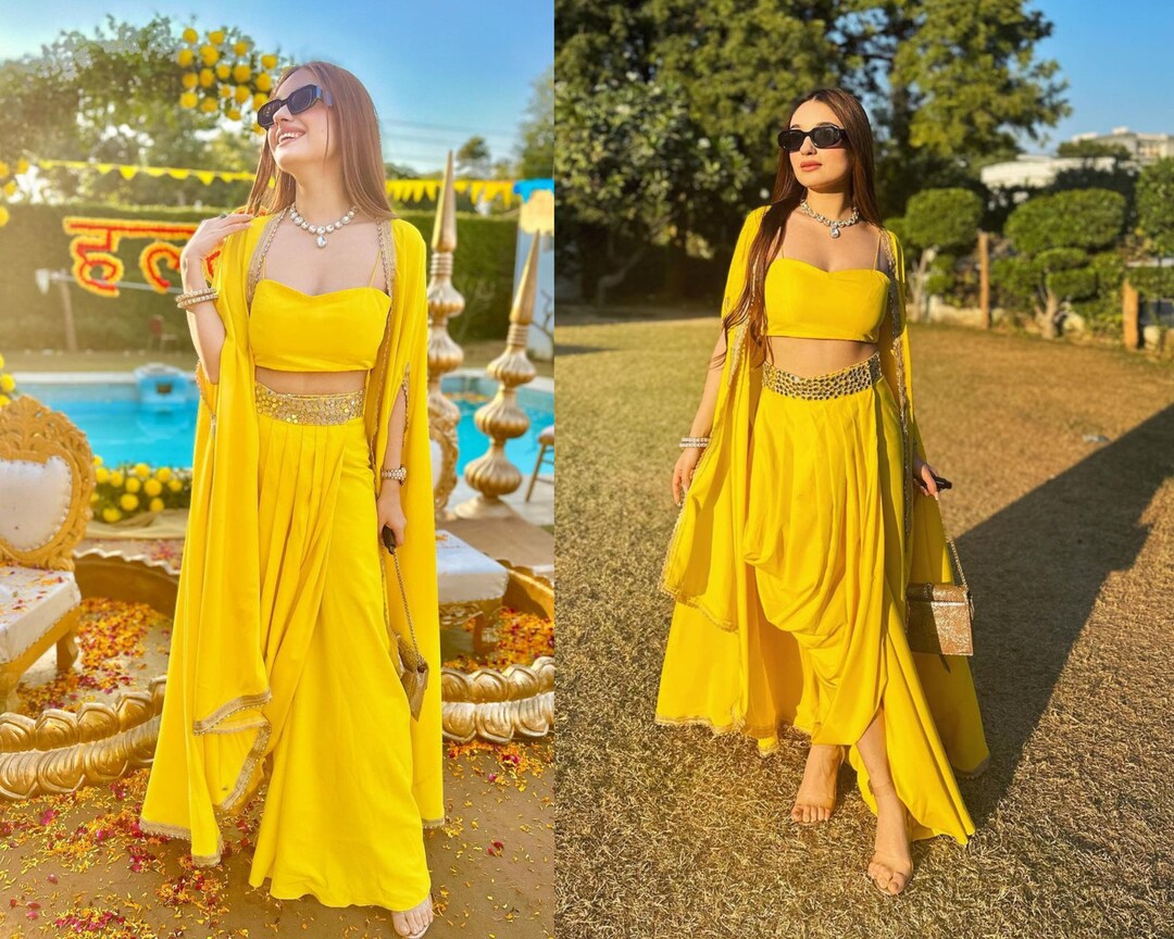 Yellow Indowestern Draped Skirt With Cropped Blouse and Jacket