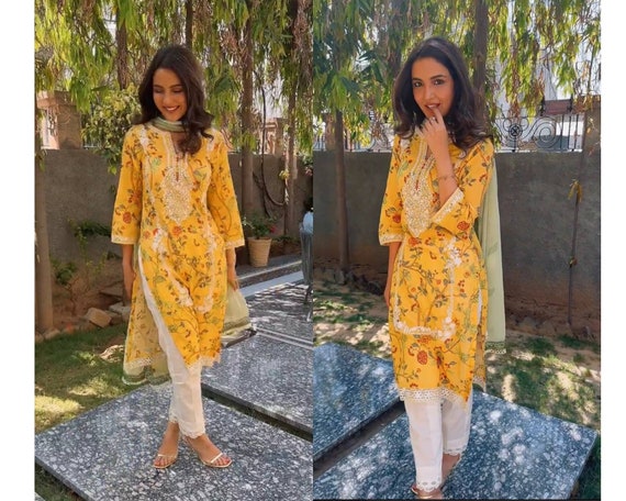 Yellow Printed Salwar Kameez for Women, Casual Indian Suits, Salwar Kameez  for Women, Indian Wedding Festival Wear 