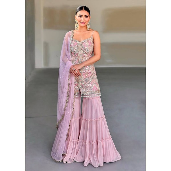 Abito Sharara da matrimonio pakistano rosa indiano, abito Salwar cucito pronto all'uso, abito Gharara, Salwar Kameez per donne e ragazze