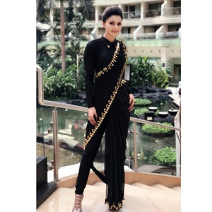 Black Designer Ready To Wear Saree, Indian Wedding Reception Cocktail Party Wear Saree, Readymade Stitched Pants Saree, Bollywood Saree