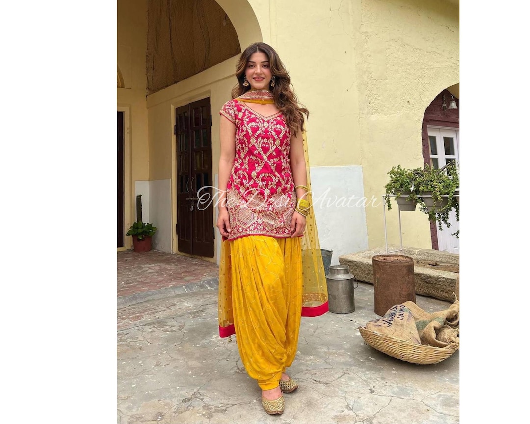 Haldi Punjabi Suit In Yellow Colour Pink Yellow Dhoti Suit With