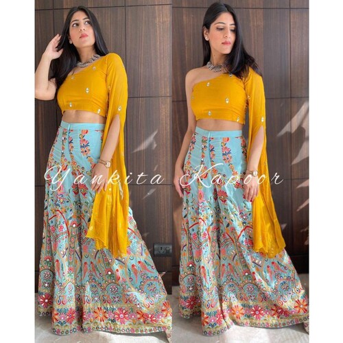 Hand embroidered colourful beaded cream crop top with high waisted pal –  KRUPA KAPADIA