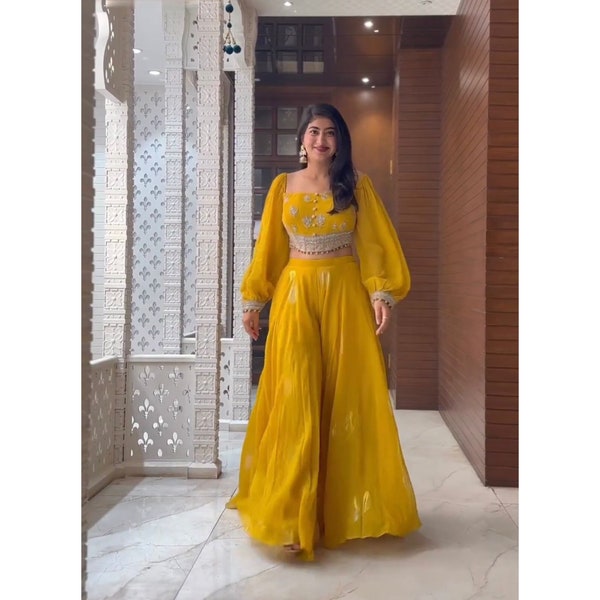 Gele Indowestern Palazzo-outfit met crop-top en Dupatta, Indiase bruiloft Mehendi Haldi Sangeet-feestkledingoutfit, trendy Indiase jurken