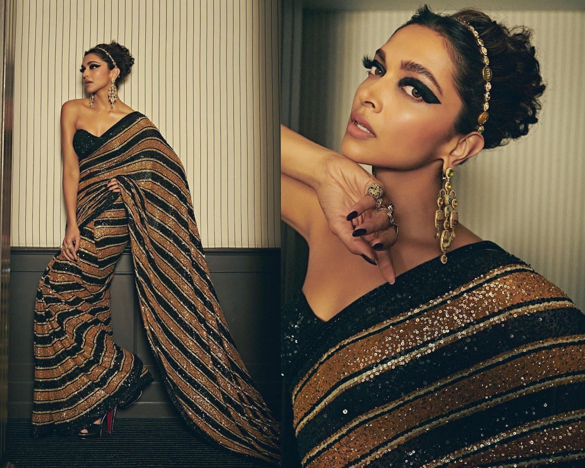 Deepika Padukone Inspired Black and Gold Sequins Saree Indian pic