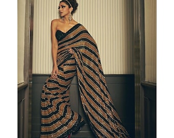 Black And Gold Sequins Saree, Indian Wedding Reception Cocktail Party Wear Saree, Designer Saree For Women