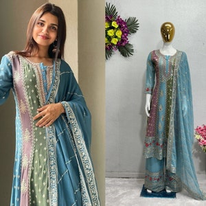 Blue Salwar Kameez With Multicolor Panels And Intricate Embroidery Work ,Indian Pakistani Salwar Suit, Readymade Stitched Salwar Suit