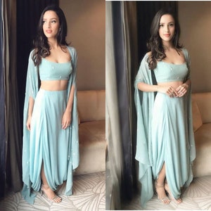 Pastel Blue Crop Top Dhoti Outfit With Jacket For Women, Indowestern Dress, Indian Wedding Mehendi Bridesmaids Sangeet Party Wear,