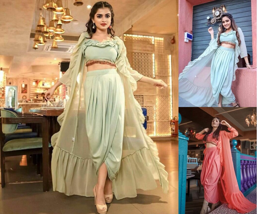 Crop Top Dhoti Outfit With Ruffles Jacket, Indowestern Dress, Designer